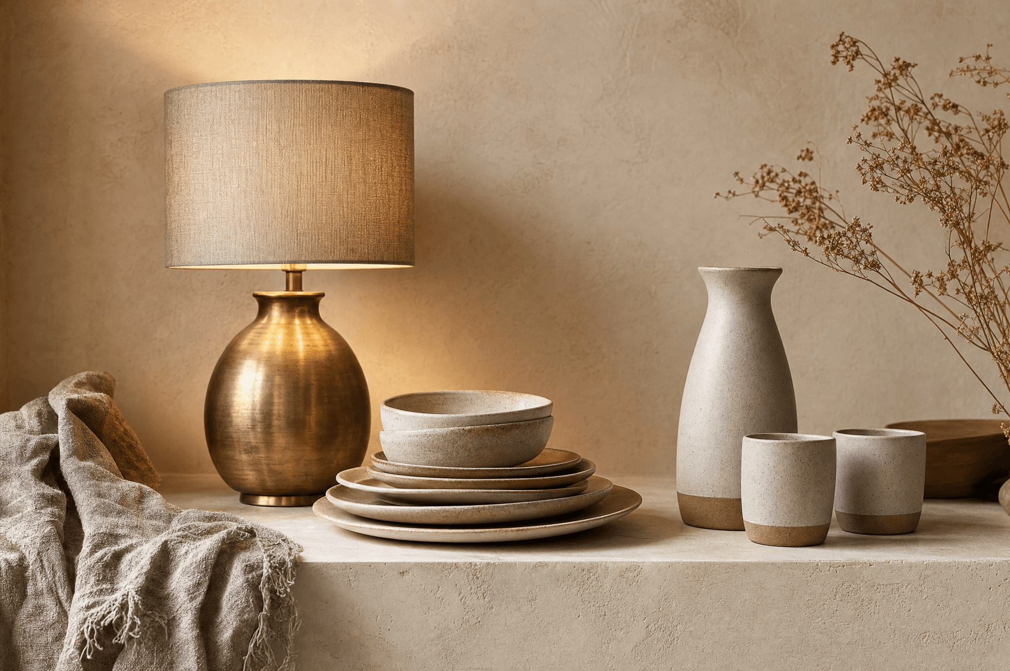 The Evening Table set styled together — aged brass Lede table lamp lit warm, a stack of reactive-glaze stoneware plates and a bowl, and the hand-thrown ceramic carafe with two tumblers, on a warm plaster shelf with a folded linen throw