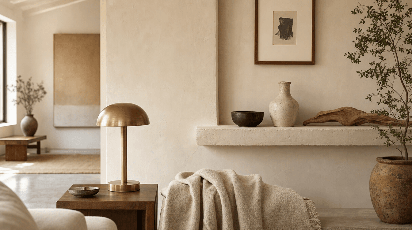 Wide interior vignette showing considered objects in a hushed living space