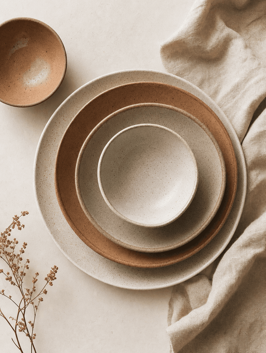 Hearth stoneware stack from above showing reactive glaze in clay and oat tones, one plated bowl in frame