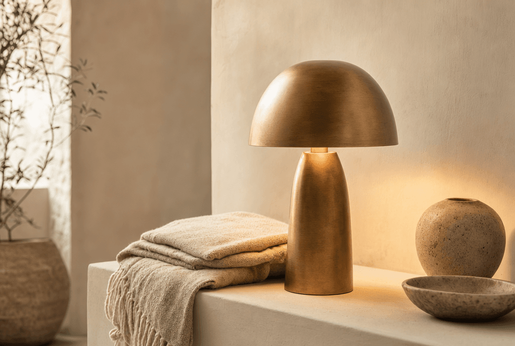 Lede Table Lamp in aged brass glowing warm at dusk on a plaster-toned console, with a linen throw and ceramic carafe