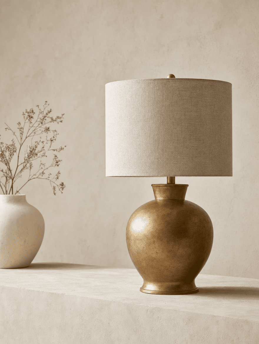 Lede Table Lamp in aged brass with a linen drum shade, three-quarter view, soft shadow on bone surface