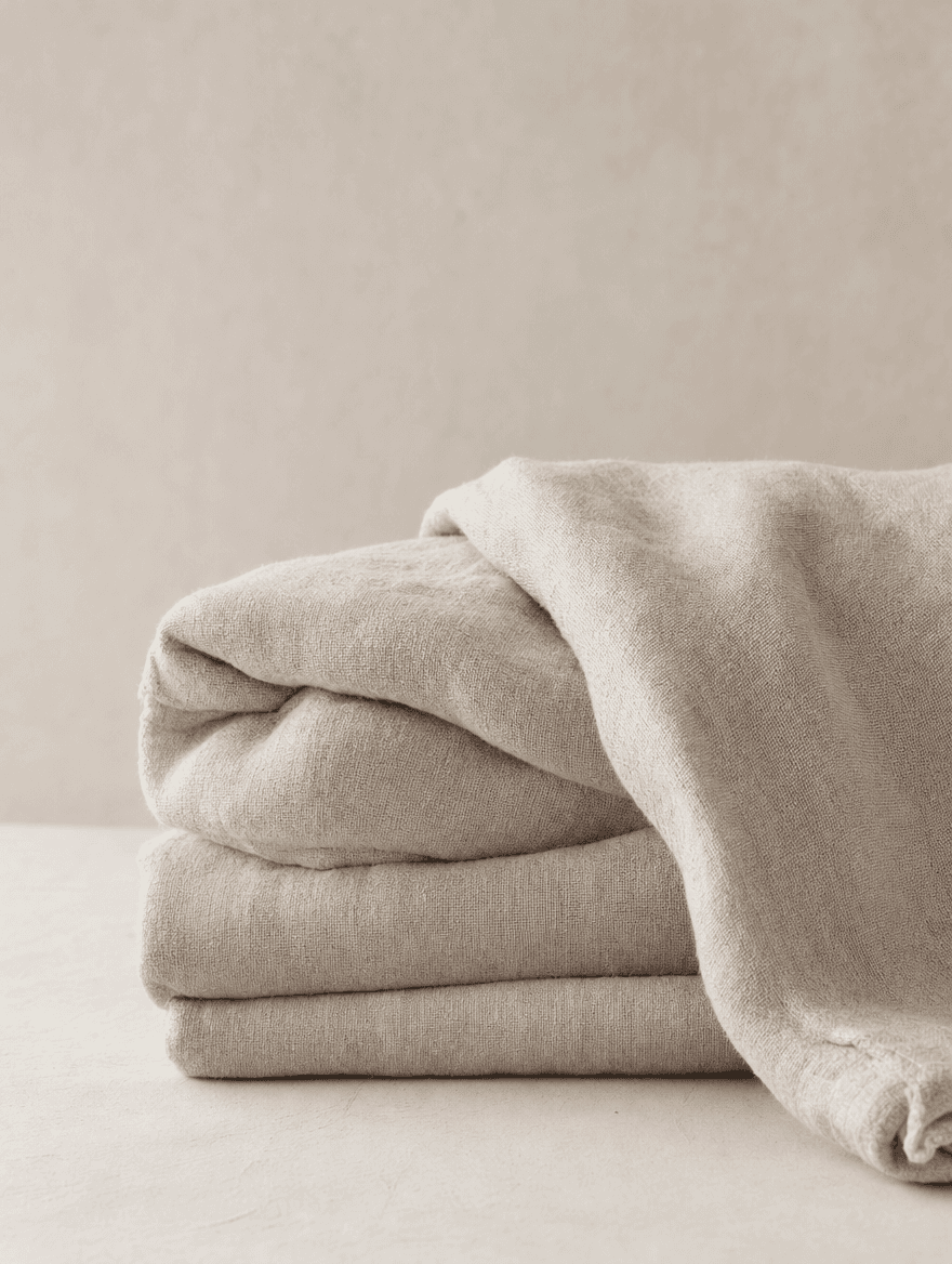 Linnea linen throw folded and draped to show texture, stonewashed bone flax with soft fold shadows