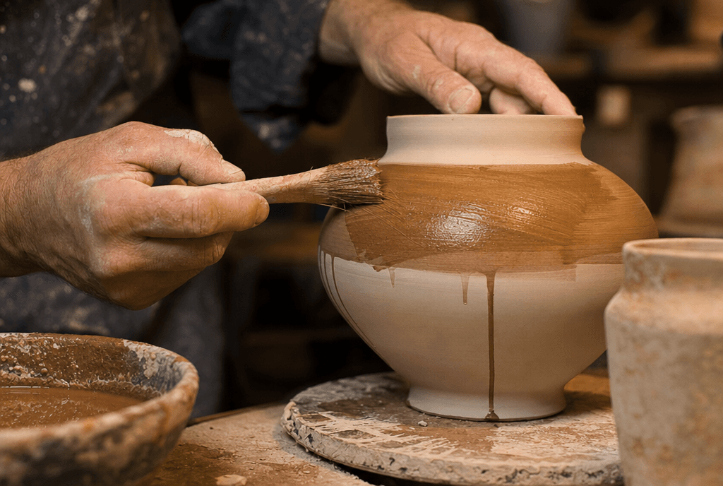 Maker's hands glazing a ceramic vessel in the workshop