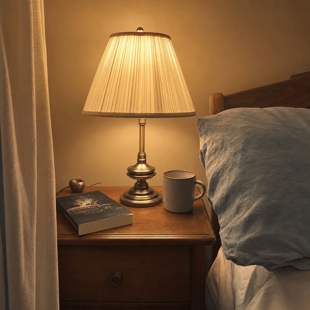 Maison Lede lamp on a nightstand in a softly lit bedroom, casual customer photo
