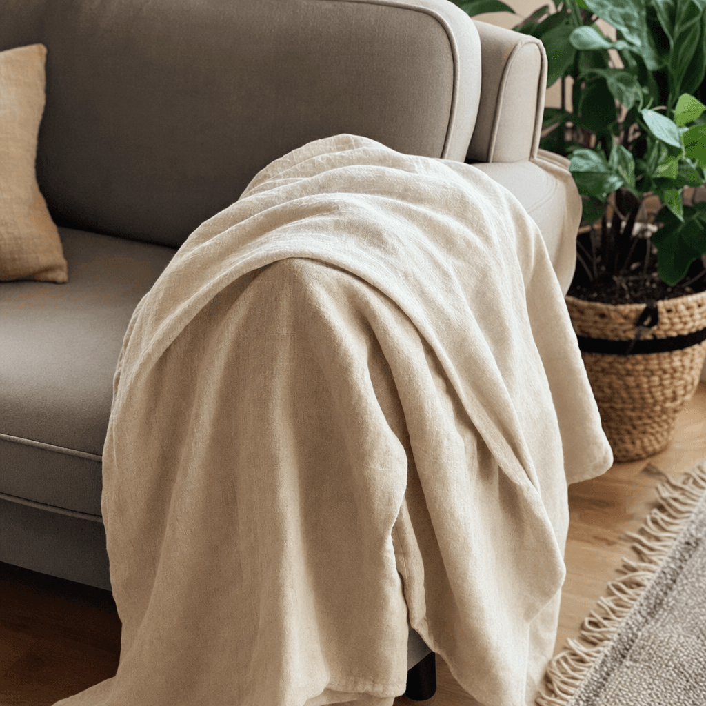 Maison Lede linen throw draped over a sofa, soft ambient light, lived-in