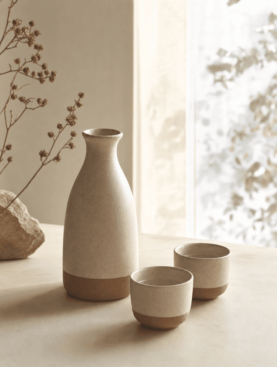 Vessel ceramic carafe and two tumblers backlit by window, matte surface catching soft natural light